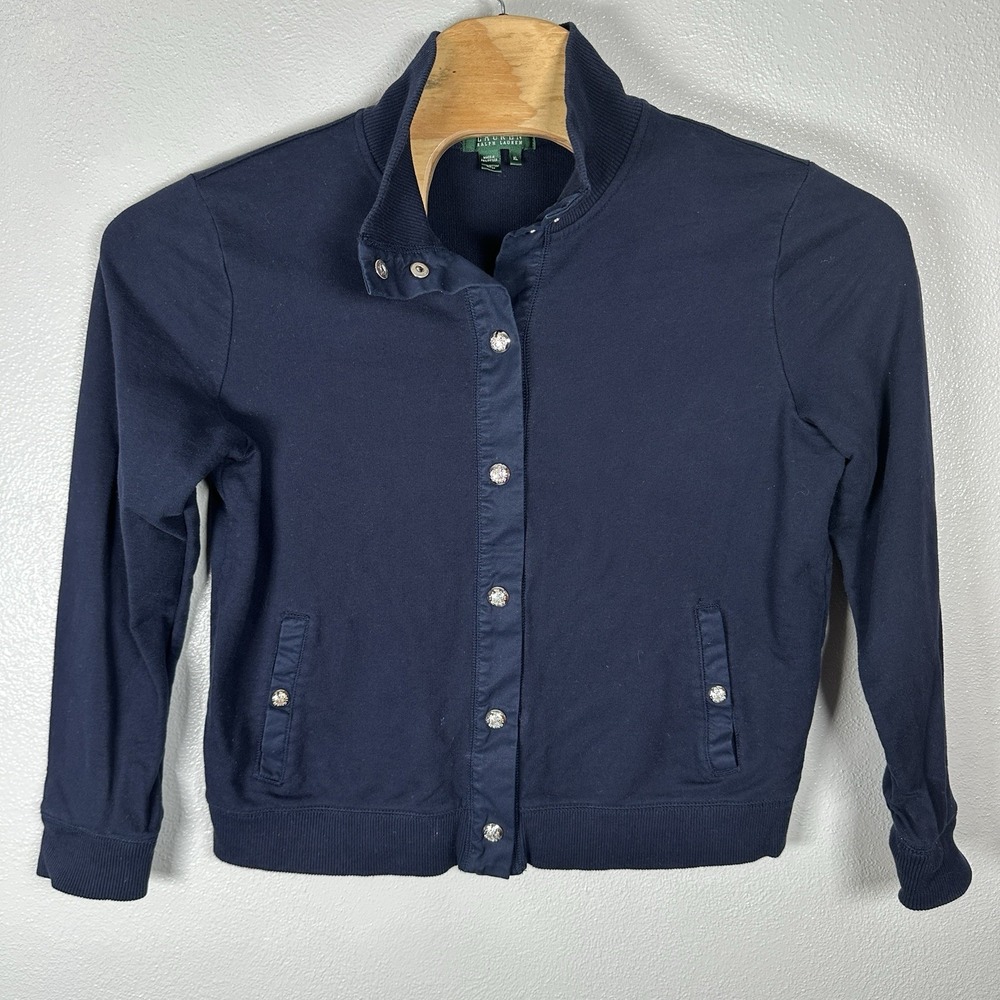 Lauren Ralph Lauren Cardigan Sweatshirt Womens XL Navy Blue Silver Snap Front